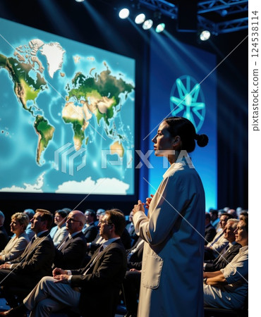 Professional conference with world map presentation and engaged audience 124538114