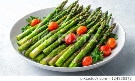 Fresh Asparagus Spears Garnished with Cherry Tomatoes on White Plate. Concept of Healthy Eating, Fresh Vegetables, Nutritious Dishes, Green Cuisine, White Background 124538372