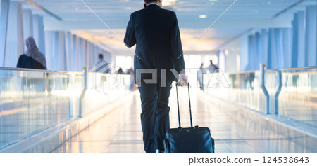 Rear view of unrecognizable formaly dressed businessman walking and wheeling a trolley suitcase at the lobby, talking on a mobile phone. Business travel concept. 124538643