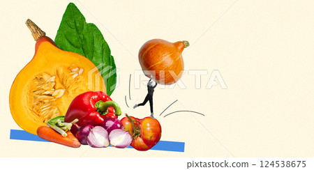 Tiny person holding huge pumpkin above variety of fresh vegetables. Conceptual design. Tiny person holding huge pumpkin above variety of fresh vegetables. Conceptual design. 124538675