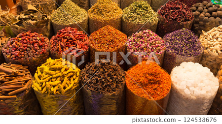 Colorful spices on the Arab souq spice market in medina Colorful spices on the Arab souq spice market in medina 124538676