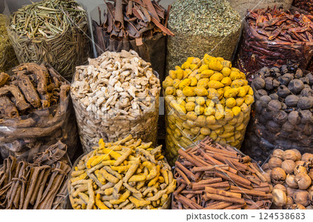 Colorful spices on the Arab souq spice market in medina 124538683
