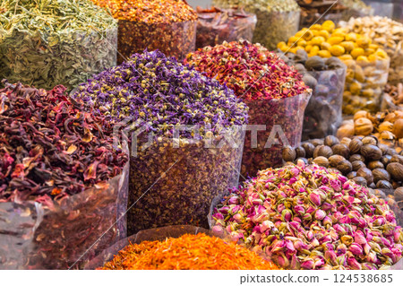 Colorful spices on the Arab souq spice market in medina 124538685