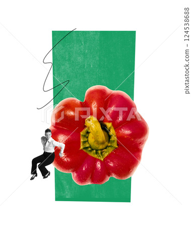 Woman in white shirt pushing oversized red pepper with green square backdrop. Contemporary collage. 124538688