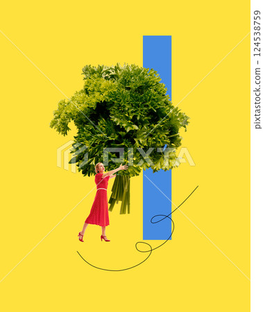 Elegant woman in red dress holding massive parsley bouquet. Art collage. 124538759
