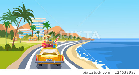Summer road trip vacation by car, coast sea, ocean, palms, resort tropical landscape 124538953