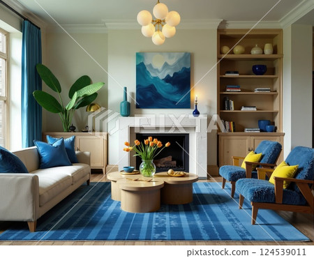 Contemporary living room design with blue accents and modern decor elements 124539011