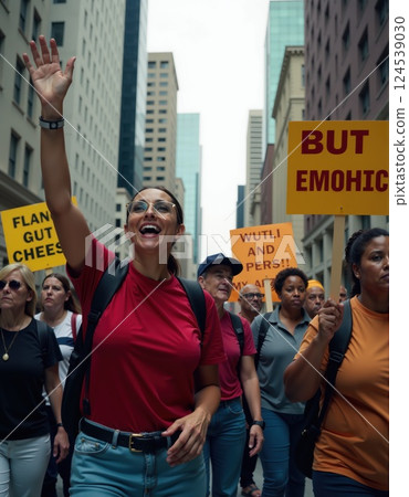 Diverse urban protest with people holding signs on city street 124539030