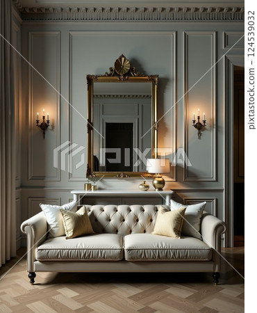 Elegant living room interior with classic sofa and ornate mirror design for home decor 124539032