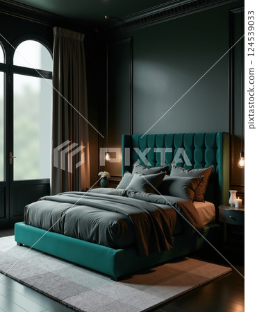 Elegant modern bedroom interior with teal accents and ambient lighting 124539033