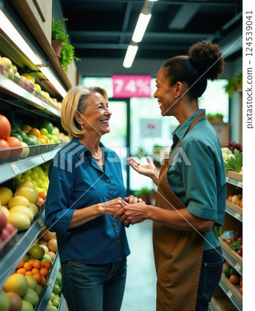 Friendly interaction between customer and staff in a grocery store setting 124539041
