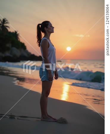 Meditative beach sunset: tranquil moment of a young woman on a tropical shore 124539064