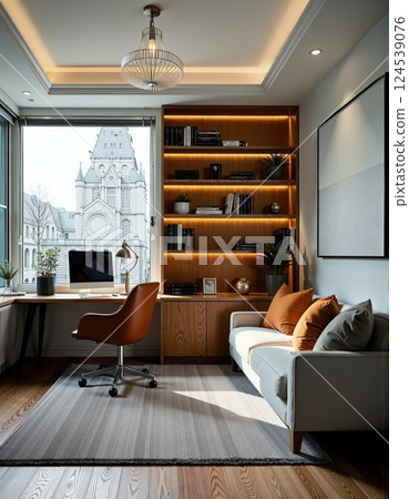 Modern home office design with cityscape view and cozy interior elements 124539076