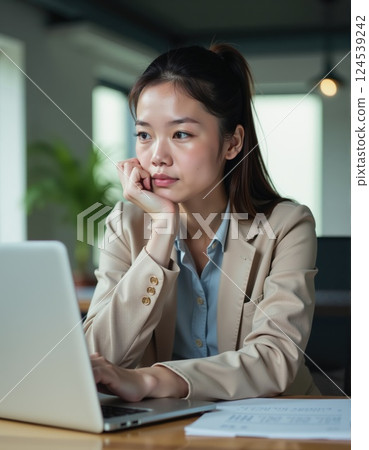Professional woman deep in thought at modern workspace for business inspiration and motivation 124539242