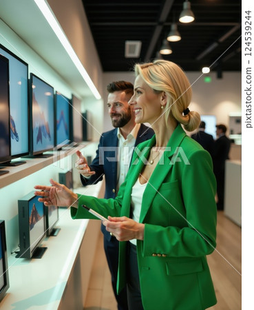 Professionals discussing cutting-edge tv technology in an electronics store 124539244