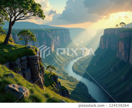 Serene canyon landscape at sunset - nature scenes for print, posters, and cards 124539264