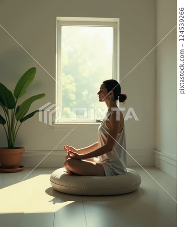 Serene meditation indoors: tranquil yoga practice in natural light 124539266