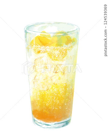 Watercolor illustration of mango tea soda in a glass 124539369
