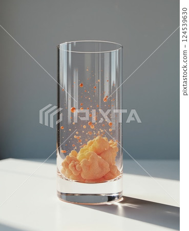 Abstract conceptual art with floating foam in glass cylinder for interior decoration Abstract conceptual art with floating foam in glass cylinder for interior decoration 124539630