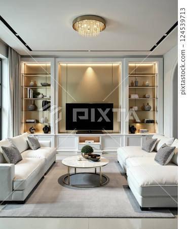 Elegant modern living room with luxurious interior design and stylish decor 124539713