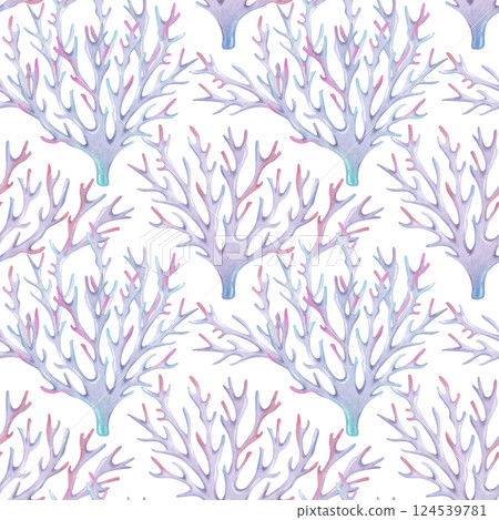 Seamless pattern of branching coral. Watercolor and marker illustrations. Ocean coral reefs, underwater animals of seabed. Hand drawn isolated art. Underwater nature background, marine ecosystem. Seamless pattern of branching coral. Watercolor and marker illustrations. Ocean coral reefs, underwater animals of seabed. Hand drawn isolated art. Underwater nature background, marine ecosystem. 124539781