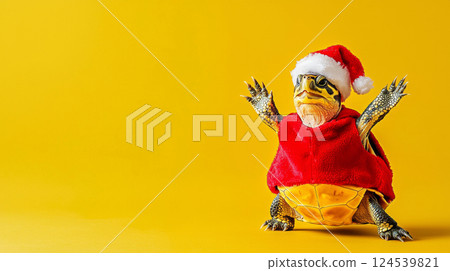 Cheerful turtle in santa outfit celebrating holiday season with joy on yellow background. concept of festive fun, christmas cheer, playful reptile, Funny animal, humor. Copy space 124539821