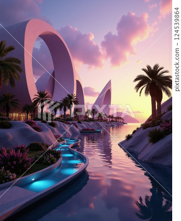 Futuristic sunset landscape with modern architecture and serene water features for travel posters 124539864