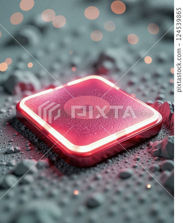 Futuristic technology concept with neon glowing device on alien terrain 124539865
