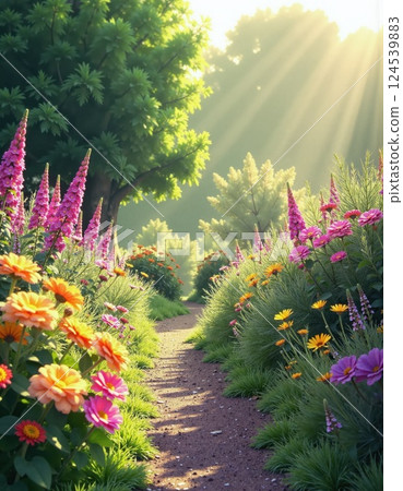 Lush sunlit garden pathway with blooming flowers in warm morning light 124539883