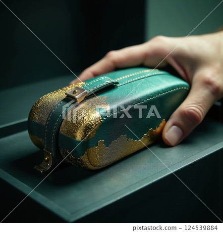Luxurious green and gold leather case with handcrafted design for accessories 124539884