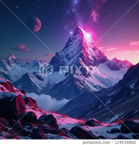 Majestic mountain under starry night sky with pink glow 124539888