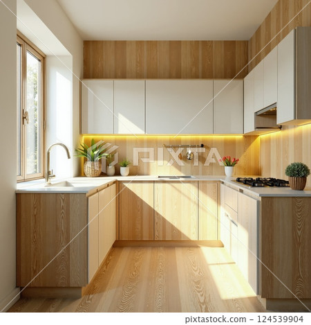 Minimalist scandinavian kitchen design with natural wood accents and soft lighting 124539904