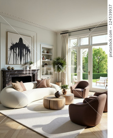 Modern minimalist living room with contemporary artwork and natural light 124539937
