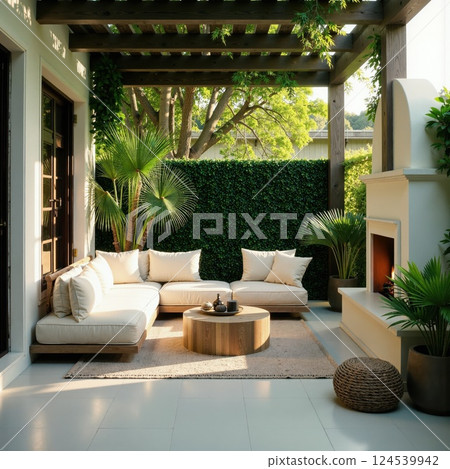 Modern outdoor patio with lush greenery and cozy seating area for relaxation 124539942