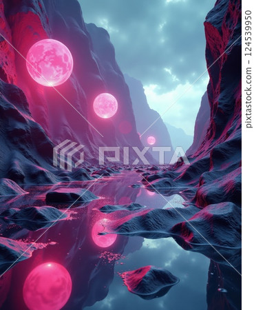 Mystical canyon with floating pink spheres under a cloudy sky Mystical canyon with floating pink spheres under a cloudy sky 124539950