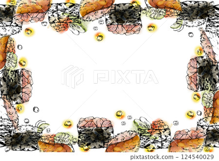 Traditional Japanese food, gunkan inari sushi with raw fish salmon tuna crab, caviar cucumber ginger hand drawn in watercolor and ink. Border frame for restaurant, cafe menu, kitchen, recipe book 124540029