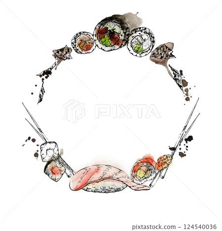 Japanese food nigiri sushi, alaska unagi roll, raw fish salmon tuna seabass, caviar topping nori flakes chopsticks, watercolor ink hand drawn. Wreath frame. Restaurant, cafe menu, kitchen, recipe book 124540036