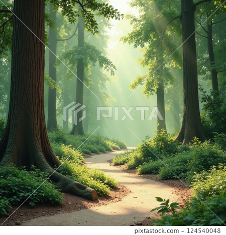 Serene forest path with sunlight filtering through tall trees for nature-themed designs 124540048