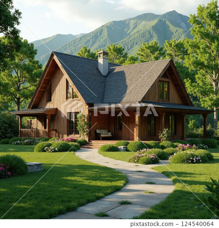 Tranquil cottage retreat in lush mountain landscape for nature-themed design 124540064