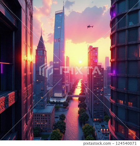 Urban sunset with skyscrapers and drone in a modern city skyline 124540071