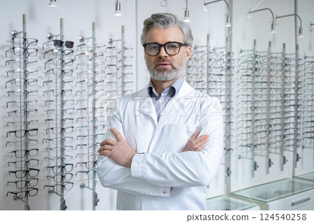 Mature caucasian man in lab coat and glasses looking determined 124540258