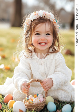 Happy smiling toddler girl in white dress and wreath sits with basket of Easter eggs on sunny meadow 124540302
