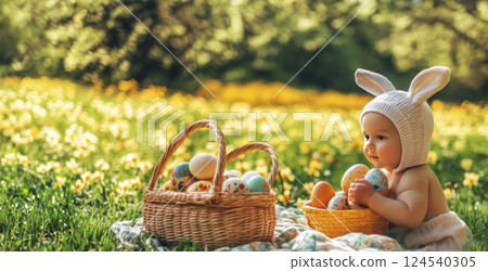 Easter on nature Toddler in bunny ears hat with Easter eggs baskets on sunlit flowers meadow. 124540305