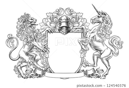 Coat of Arms Crest Lion Unicorn Heraldry Shield Coat of Arms Crest Lion Unicorn Heraldry Shield 124540376