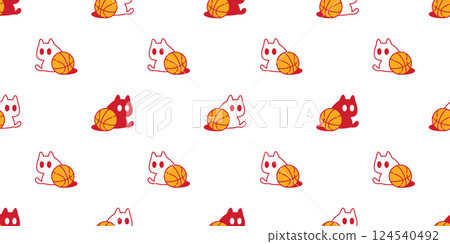 cat seamless pattern basketball sport ball kitten calico sitting cartoon doodle pet illustration tile background gift wrapping paper repeat wallpaper 124540492