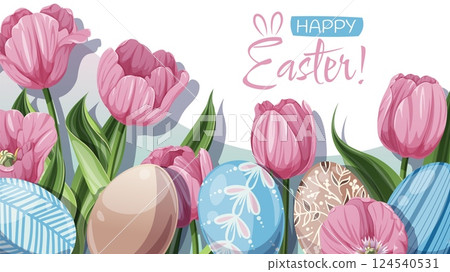 Happy Easter Banner Design with Colorful Easter Eggs and Pink Tulips. Vector Background for Cards, Posters, Advertising. Happy Easter Banner Design with Colorful Easter Eggs and Pink Tulips. Vector Background for Cards, Posters, Advertising. 124540531