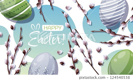 Happy Easter Banner Design with Colorful Easter Eggs and Fluffy Willow Branches. Spring Vector Background for Cards, Posters, Advertising. 124540538