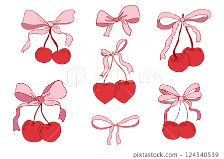 Cherry with bow coquette girly fruit, tie ribbon sketchy doodle drawing, y2k retro aesthetic. Whimsical cute cherry.  124540539