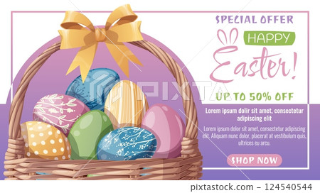 Sale Web Banner with a Basket of colorful easter eggs. Easter Sale Poster for the Holiday. Suitable for Banners, Posters, Advertising, Promotions, Sales, etc. 124540544