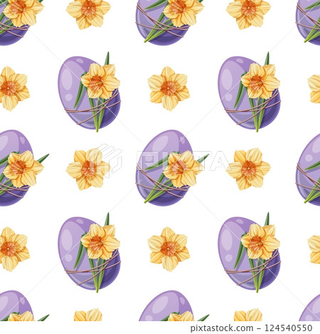 Seamless Pattern with Easter Egg and Yellow Daffodil. Easter Background for Fabric, Wallpaper, Wrapping Paper, etc. Happy Easter Design. 124540550